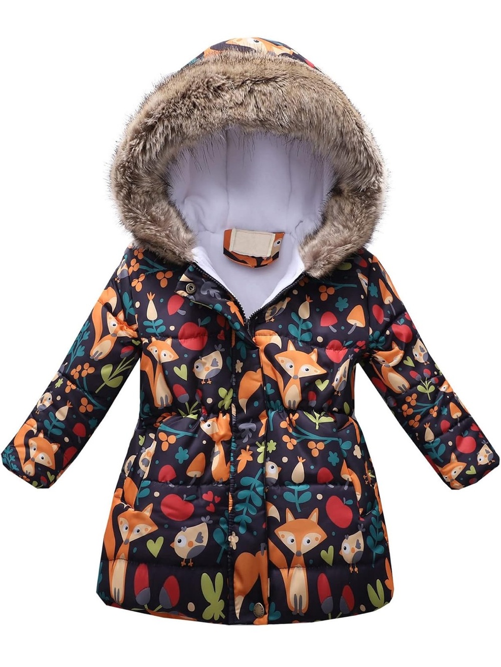 NWT Girl’s Hooded Puffer Jacket Woodland Fox Print Size 8
